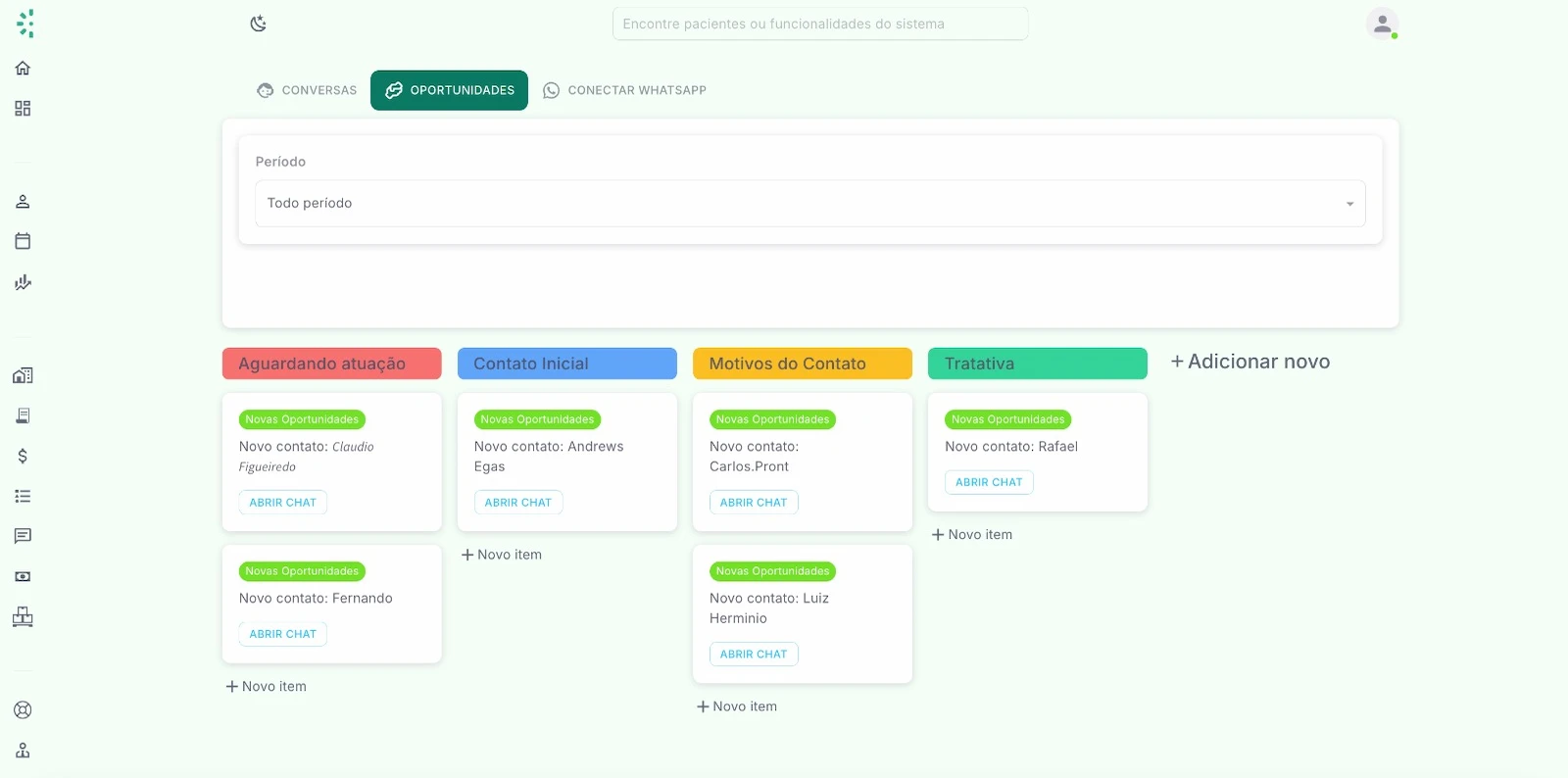 Painel de oportunidades e contatos