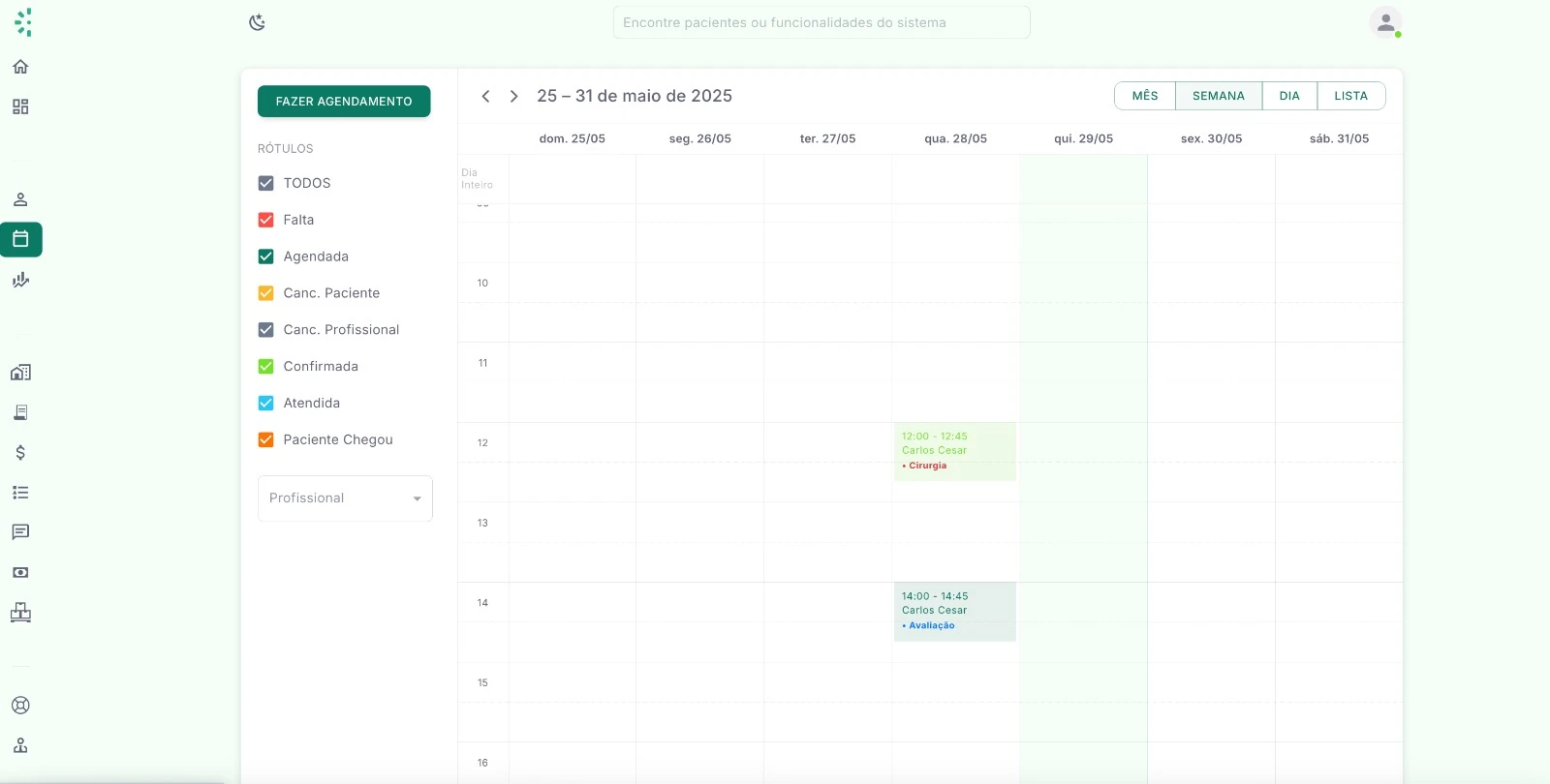 Painel com agenda e opções de agendamento
