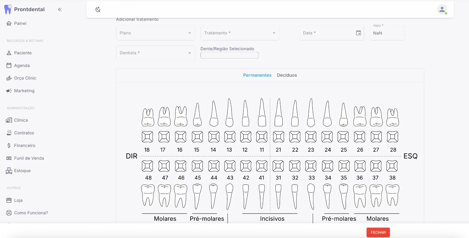 Painel de tratamento dentários