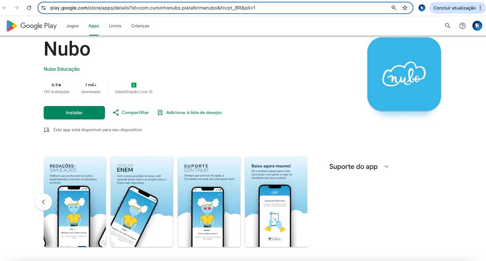 tela do google play para aplicativo Nubo