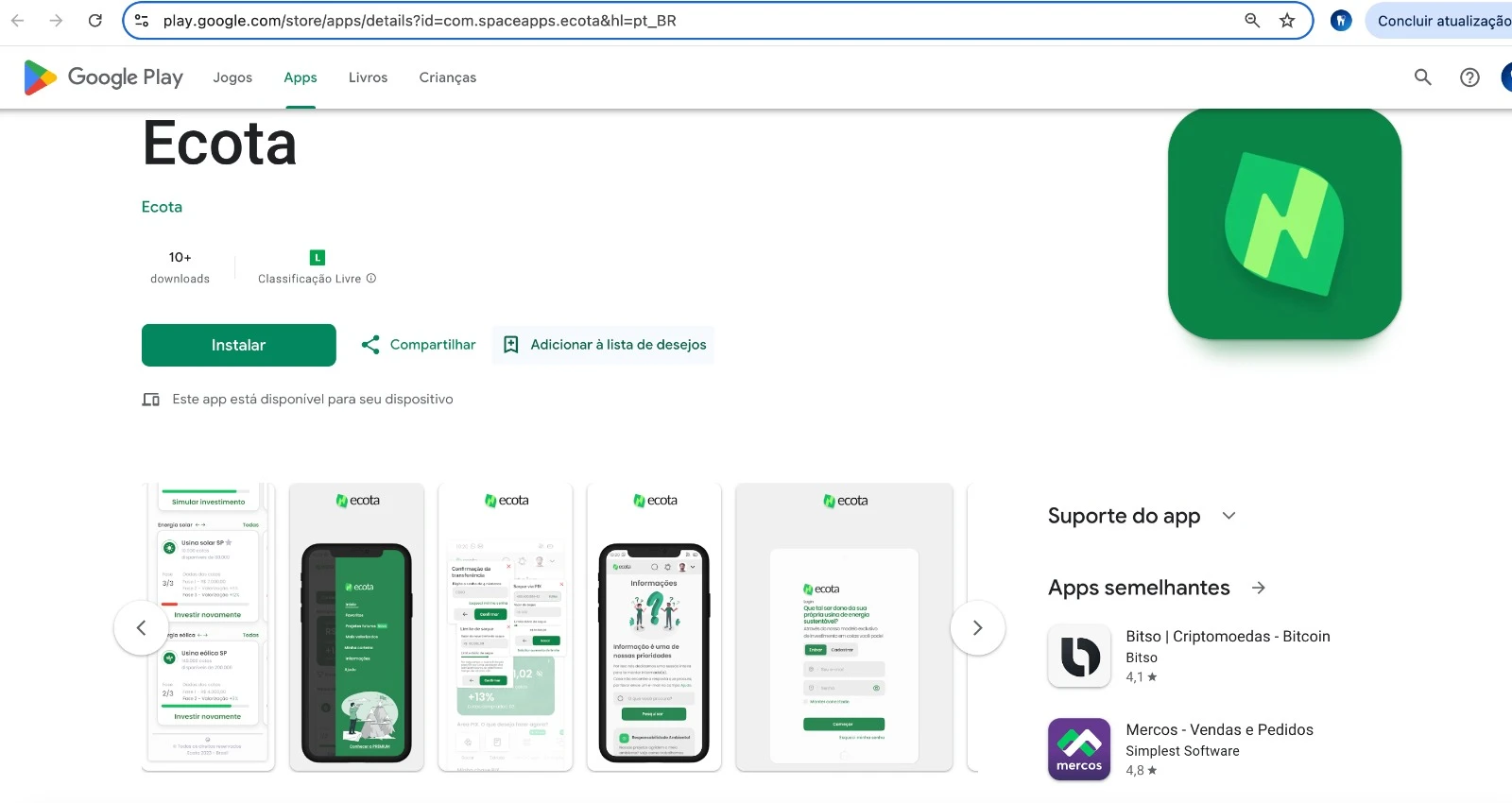 tela do google play para aplicativo Ecota