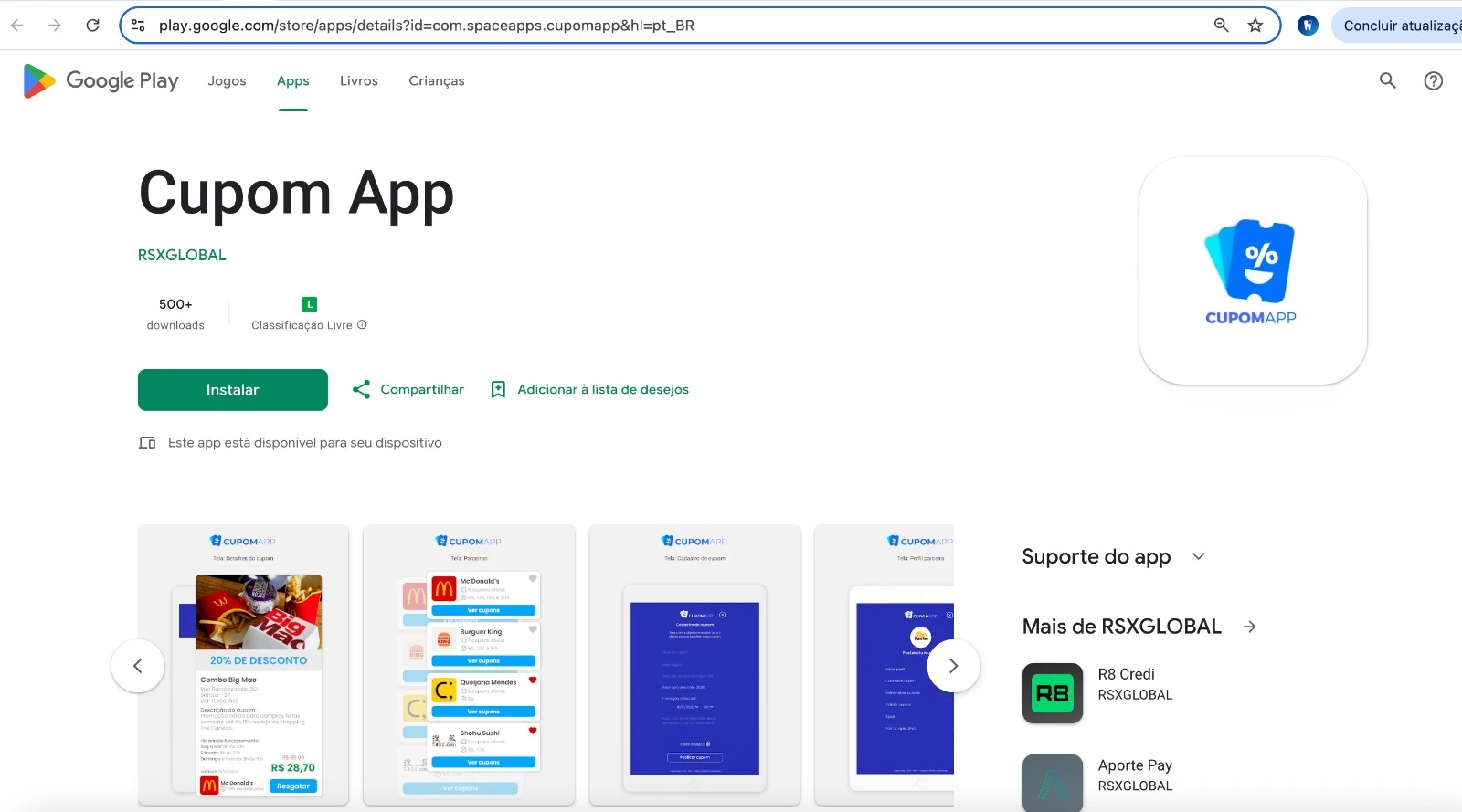tela do google play para aplicativo Cupom App