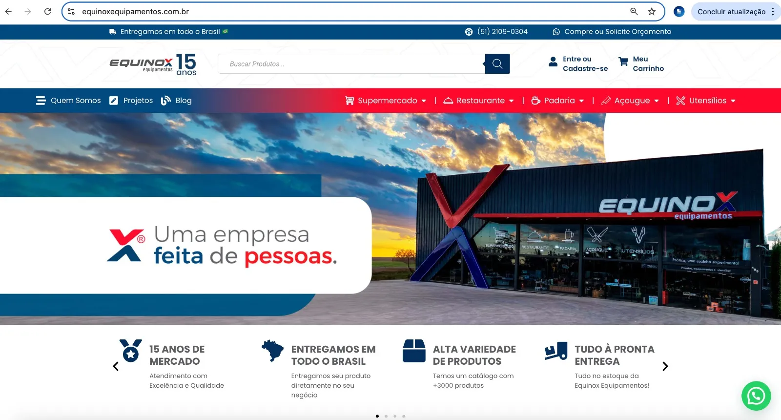 Tela do site da empresa equinox equipamentos