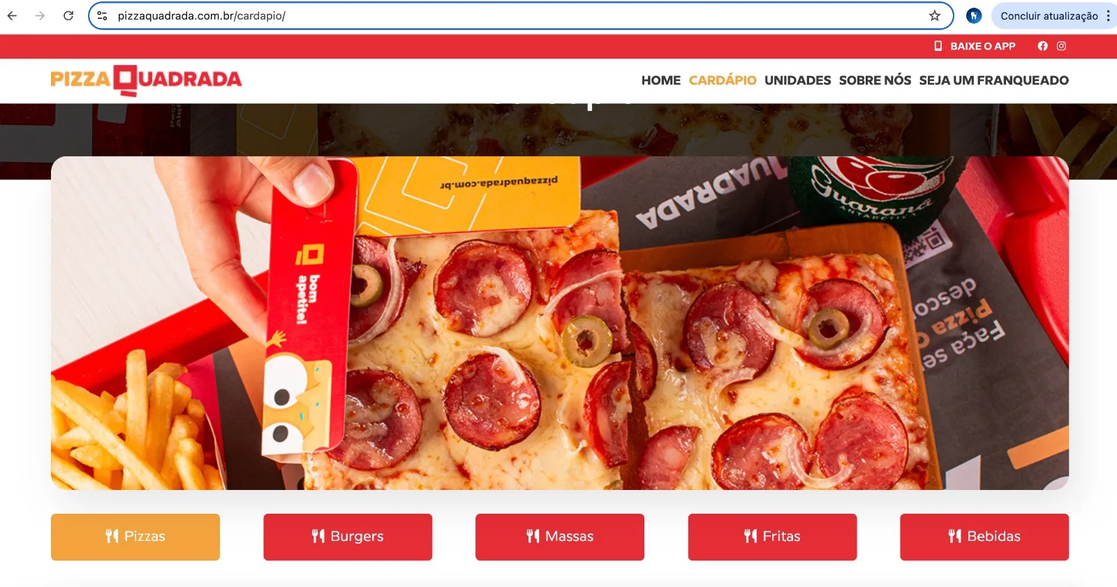 Tela do site da empresa Pizza Quadrada
