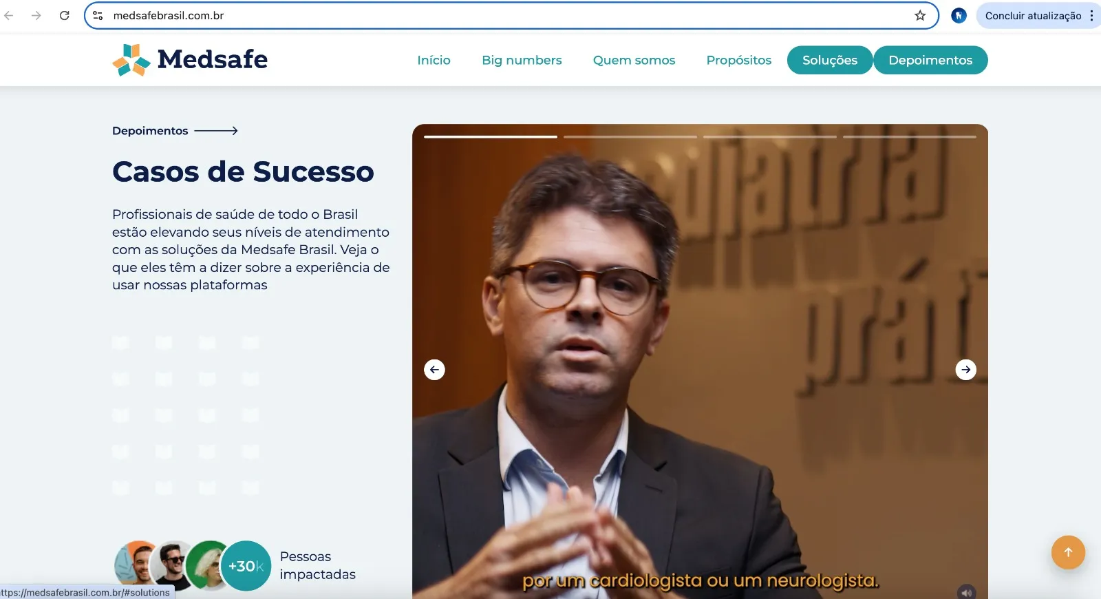 Tela do site da Medsafe - Depoimentos