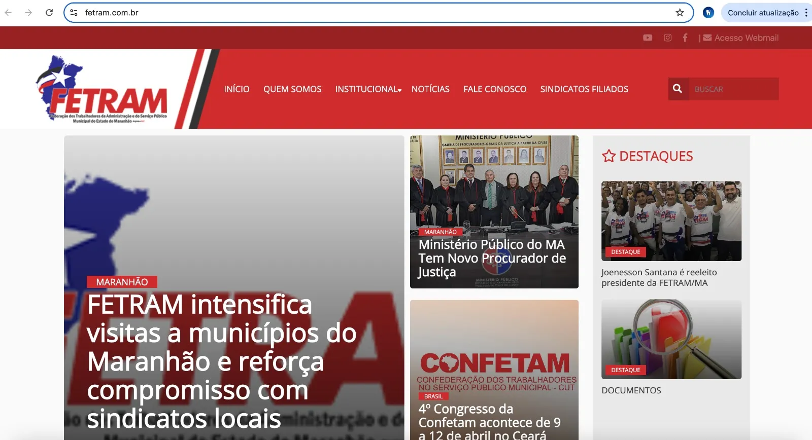 Tela do site da empresa Fetram